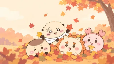 Rakko, Shisa, Kurimanju and Furuhonya in autumn leaves for PC Background