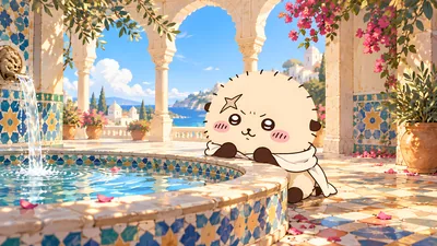 Rakko by a Mediterranean mosaic fountain for PC Wallpaper