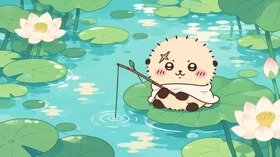 Cute Rakko fishing on a green lotus leaf in a peaceful pond for PC Background