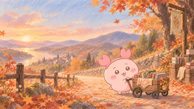 Furuhonya pushing a book cart in autumn sunset for PC Wallpaper