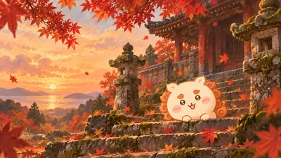 Shisa on autumn temple steps with red maple leaves for PC Wallpaper