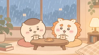 Kurimanju and Shisa drinking hot tea in a cozy room on a rainy day for PC Wallpaper