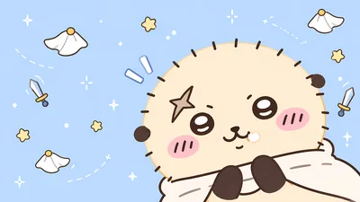 Cute Rakko with stars and swords on blue background for PC 4K Image