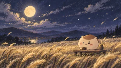 Kurimanju drinking tea in a golden field under the full moon for PC Wallpaper
