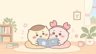 Kurimanju and Furuhonya reading a book together in a cozy room for PC, 4K Image