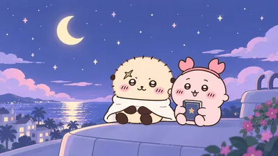 Rakko and Furuhonya sitting under the starry night sky for PC Wallpaper