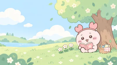 Furuhonya reading a book under a tree on a sunny meadow for PC 4K Image