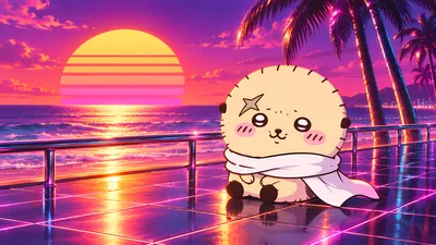 Rakko sitting on a neon beach boardwalk at sunset for PC Wallpaper