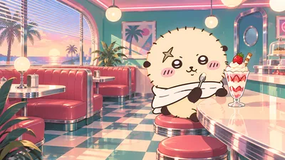 Rakko eating a strawberry parfait in a retro diner for PC Wallpaper