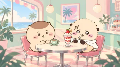 Kurimanju and Rakko enjoying dessert at a beachside cafe for PC 4K Image