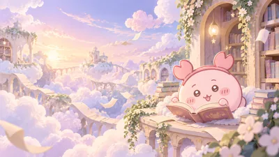 Furuhonya reading a book in a fantasy cloud library for PC Background.