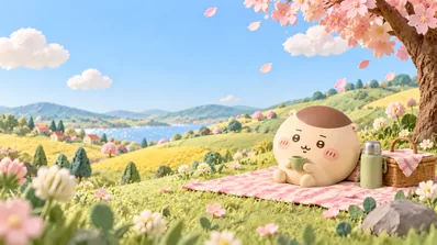Kurimanju having a relaxing spring picnic under cherry blossoms for PC Background