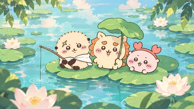 Rakko, Shisa, and Furuhonya fishing on lotus leaves for PC Wallpaper