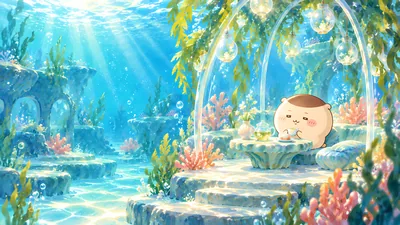 Kurimanju drinking tea in a fantasy underwater garden for PC 4K Image
