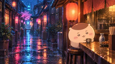 Kurimanju drinking sake at a cozy rainy night izakaya for PC Background