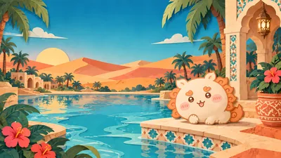 Cute Shisa relaxing by a beautiful desert oasis pool for PC Wallpaper