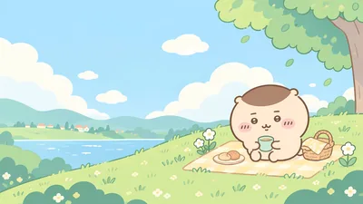 Cute Kurimanju having a peaceful picnic on a green hill for PC Background