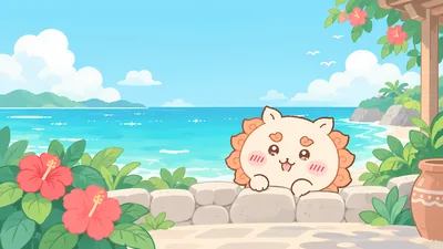 Cute Shisa smiling on a tropical beach with hibiscus flowers for PC Wallpaper