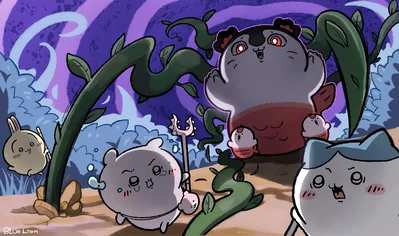 Chiikawa, Hachiware, and Usagi facing the giant Siren for PC Wallpaper