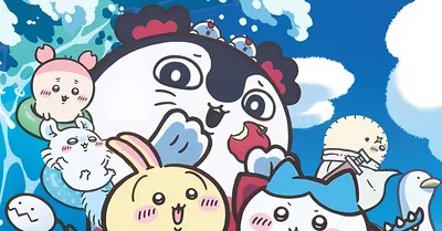 Siren, Hachiware, Usagi and Momonga surfing ocean waves for PC Wallpaper