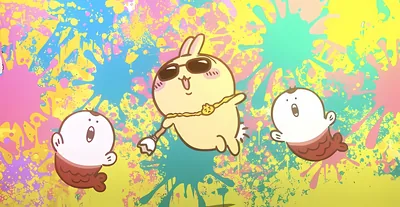 Usagi with sunglasses and mermaids in colorful paint splatter for PC Wallpaper