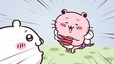 Chiikawa and Furuhonya running happily on grass for PC Wallpaper