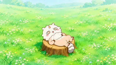 Cute Chiikawa character lying on a tree stump in a meadow for PC Wallpaper