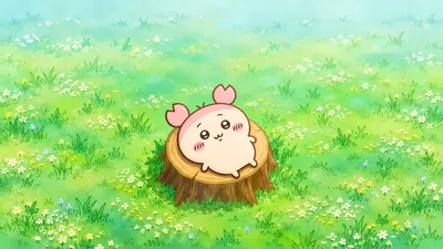 Furuhonya lying on a tree stump in a beautiful flower field for PC Wallpaper
