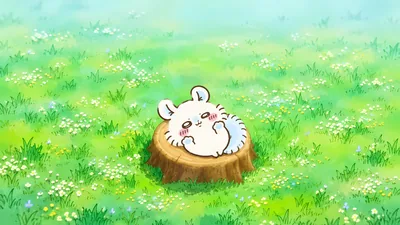 Cute Momonga lying on a tree stump in a grassy field for PC Wallpaper