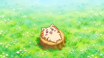Shisa lying on a tree stump in a green flower meadow for PC Wallpaper