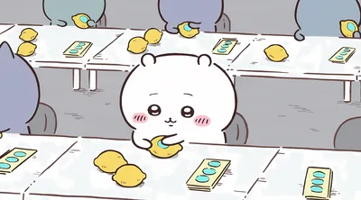 吉伊卡哇在工廠裡認真幫檸檬貼藍色貼紙打工的可愛電腦高畫質桌布