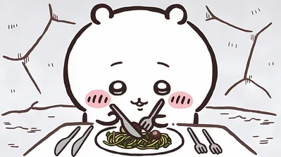 Chiikawa eating spaghetti with a fork and knife for PC Wallpaper