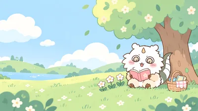 Cute Chiikawa character reading a book under a tree for PC 4K Image
