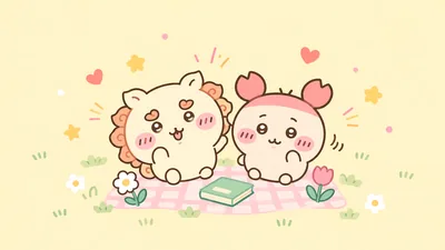 獅薩與古本在野餐墊上開心一起看書的可愛吉伊卡哇電腦高畫質桌布