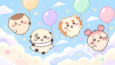 คุริมันจู Rakko ชีซ่า และ Furuhonya ลอยลูกโป่งบนท้องฟ้า วอลเปเปอร์ คอมพิวเตอร์