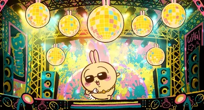 Usagi DJing on a colorful disco stage with disco balls for PC Background