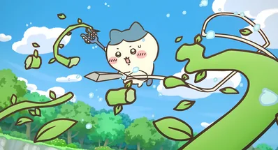 Hachiware swinging through green vines under a bright blue sky for PC Wallpaper