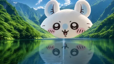 Momonga floating over a scenic mountain lake with reflection for PC Wallpaper