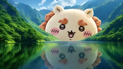 Cute Shisa floating over a scenic mountain lake reflection for PC Wallpaper