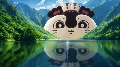 吉伊卡哇小桃巨大化矗立在青山綠水與湖面倒影風景中的電腦高畫質桌布