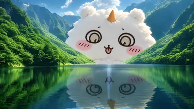 Giant cute Chiikawa character in green lake and mountain scene for PC Background
