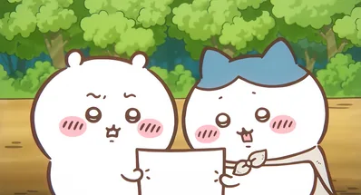 Chiikawa and Hachiware holding a piece of paper together in the forest for PC Wallpaper