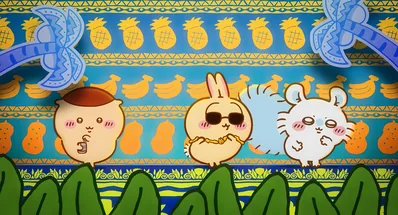 Usagi, Momonga, and Kurimanju in a tropical summer beach scene for PC Wallpaper