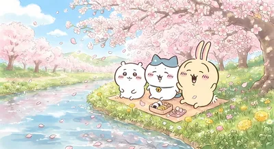 Chiikawa, Hachiware and Usagi sakura picnic by the river for PC Wallpaper