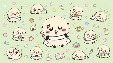 Cute Rakko from Chiikawa enjoying sweets and reading for PC Wallpaper