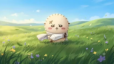 Rakko wearing a cape and carrying a sword in a green field for PC Wallpaper