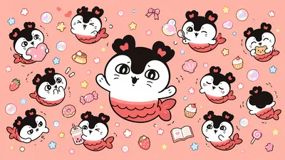 Cute Chiikawa Siren mermaid pattern with pink sweets for PC Wallpaper