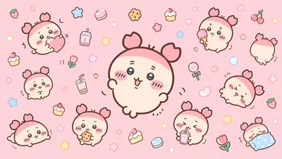 Cute Furuhonya with pink sweet desserts and boba tea pattern for PC Wallpaper