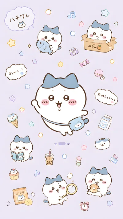 치이카와 하치와레의 귀여운 일러스트가 가득한 보라색 스마트폰 배경화면