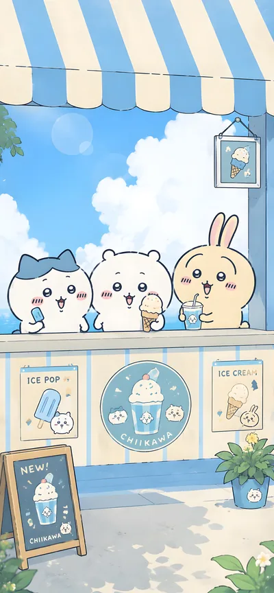 치이카와, 하치와레, 우사기가 여름 아이스크림 가게에 있는 스마트폰 고화질 배경화면